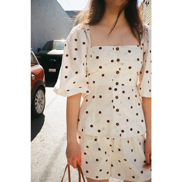 Ganni Polka Dot Printed Cotton Poplin Square Neck Top White Brown Sz 6 - Picture 3 of 9